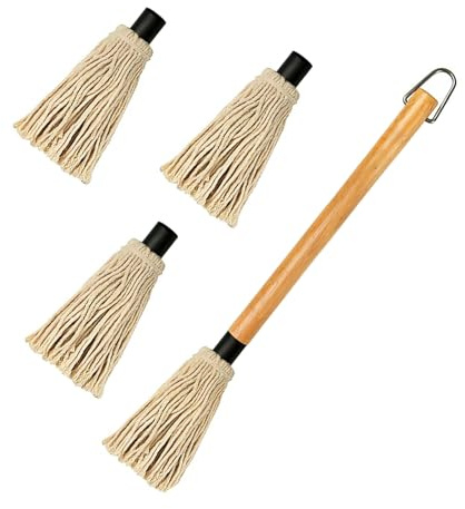 GEEKHOM Grillpinsel BBQ Pinsel Basting Mop, Grill-Saucenpinsel Küchenpinsel Saucen Mop Marinaden mit Lang Holzgriff und 3 Stück Extra Ersatz Köpfe zum Kochen Braten Grillen