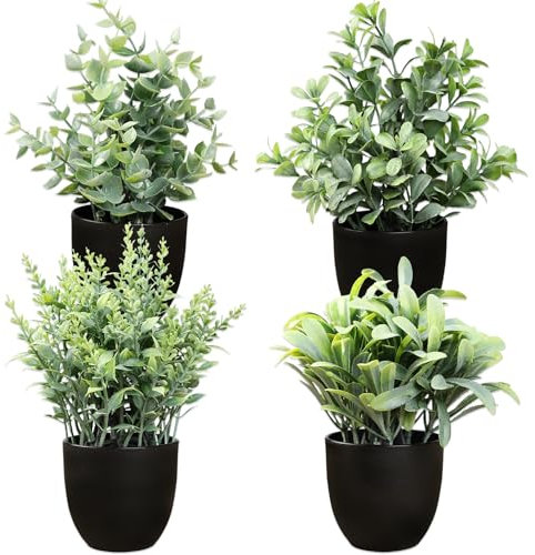 Cekene 4PC Artficial Potted Plant Indoor Small Fake Eucalyptus Plants in Black Pots Plastic Greenery Plants for Table Desk Shelf Office Kitchen Bedroom Outdoor