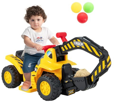 DREAMADE Bagger zum draufsitzen, Elektro Sitzbagger mit internem Stauraum, Kinderbagger mit Basketballkorb & Sound & Hupe & 3 Bällen, Sandbagger Aufsitzbagger für Kinder ab 2 Jahren