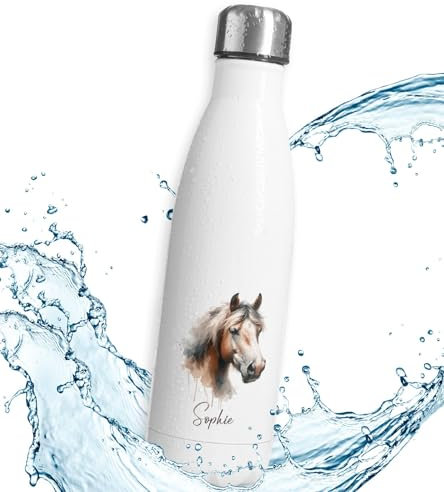 timalo® Thermosflasche personalisiert mit Namen auslaufsichere Edelstahl Trinkflasche Wasserflasche für Kinder Mädchen Jungen 750mL | Pferd