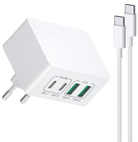 Avatcen 40W Plat USB C Charger, 4Port Slim Chargeur Type C Prise USB Multiple Chargeur Rapide Adaptateur Compatible avec iPhone 15 Samsung, Pixel, Tablets, avec Câble USB C 2M(Blanc)