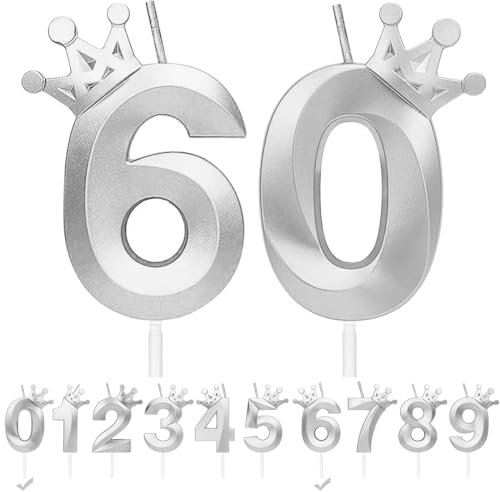 Velas Cumpleaños Números 60,3D Plata Velas Cumpleaños con Corona,Velas De Cumpleaños para pastel,para fiestas de cumpleaños,aniversarios,aniversarios de boda (Plata, 60)