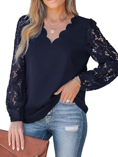 CUPSHE Women Blouse Floral Lace Scalloped Top Long Sleeve V Neck Elegance Shirt