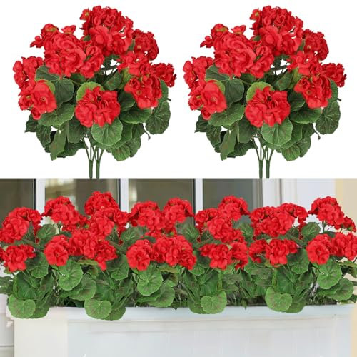 ASTNIC Lot de 4 Géranium Artificiel Extérieur, Fleurs Artificielles en Soie de Géranium avec tiges de géranium artificielles pour Jardin, Terrasse, Balcon, Décoration de Table Noce (Rouge)