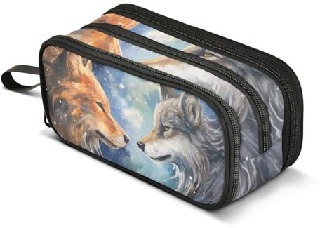Federmäppchen mit Wolfsmotiv, großes Fassungsvermögen, Stifttasche für Jungen und Mädchen, 3 Fächer, Federmäppchen, Studenten, Schreibwaren, Organizer, Marker-Etui für Schule, Büro, Arbeit,