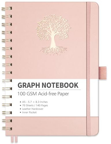 RETTACY Graph Paper Notebook, A5 Grid Spiral Notebook with 140 Pages, 5.7'' × 8.3'', Medium Size, Leather Hardcover, 100 GSM Thick Paper, for Students, Homework, Mathematik, Engineering (Roségold)
