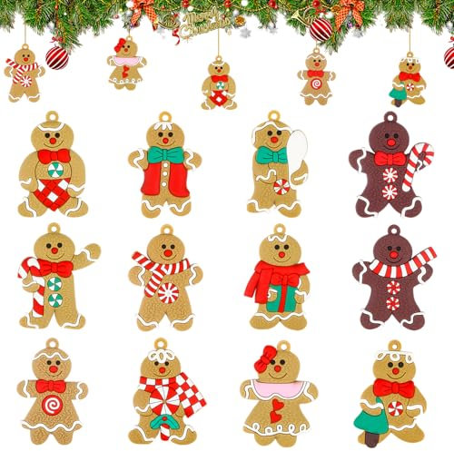 Lebkuchenmann Weihnachtsanhänger, 12 Stück Lebkuchenmännchen Weihnachtsbaumschmuck, Christbaumschmuck Lebkuchenmann Weihnachtsbaum Anhänger, Lebkuchenmann Baumschmuck Weihnachten Deko (A)