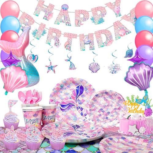 Mermaid Birthday Decorations, 90 Pcs Party Supplies & Tableware Set - Plates, Table Cloth, Napkins, Banner, Balloons, Hanging Swirls