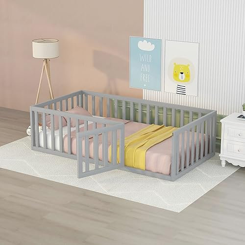 Kleinkindbetten Kinderbett 90x200 cm, Montessori Bodenbett mit Tür inkl. Rausfallschutz, Massivholz Gitterbett Montessori Bett Babybett Kinder Jugendbett Einzelbett für Jungen & Mädchen, Grau