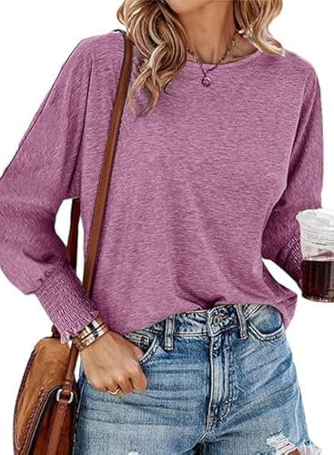 Placitiume T-shirt oversize a maniche lunghe per le donne 2024 girocollo casual vestibilità ampia moda top base, Fucsia, M