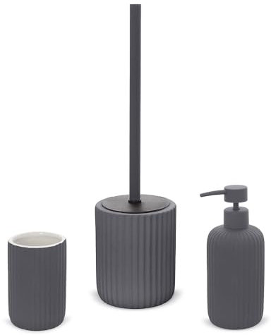 Inbagno Set Accessori Bagno 3 Pezzi in Ceramica Grigio cannettato, Dispenser Sapone portaspazzolini e portascopino Soft Touch, Spring