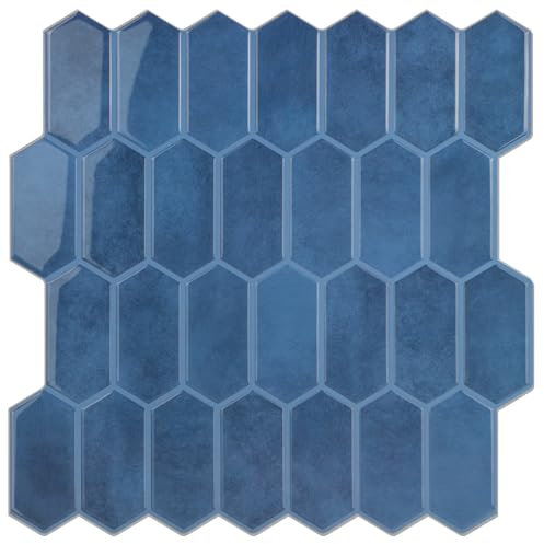 WalDecoo Carreaux Hexagonaux Longs À Décoller Et Coller Pour Cuisine, 10 Feuilles De Carreaux Muraux Auto-adhésifs 3D, Autocollants Pour Carrelage Bleu Pour Cuisine Et Salle De Bain 30,5x30,5 cm