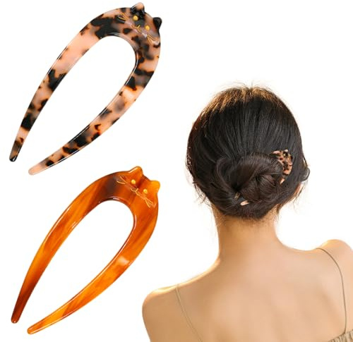 French Hair Pin - 2PCS French Twist Hair Pin, Chignon Hair Pin, Hair Pins for Women, Retro U-shaped Chignon Hairpin for Women, Hair Pins for Buns, Hair Fork, Fork Sticks 2 Prong Updo Chignon Pin Women