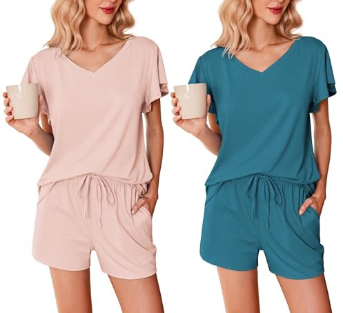 Ekouaer Pijama Mujer Verano Pijama Corto Mujer Paquete de 2 Mangas con Volantes Escote en Pico Suave Camiseta y Pantalón Corto, Rosa Claro + Verde Azulado, M