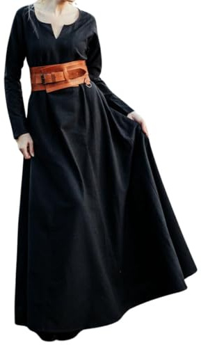 Leonardo Carbone® Damen Kleid Unterkleid Lina | V-Ausschnitt Design | A-Linie Silhouette | Karneval, Halloween, Cosplay, LARP, Mittelalter, Kostüm, Gewand | Baumwolle Schwarz L