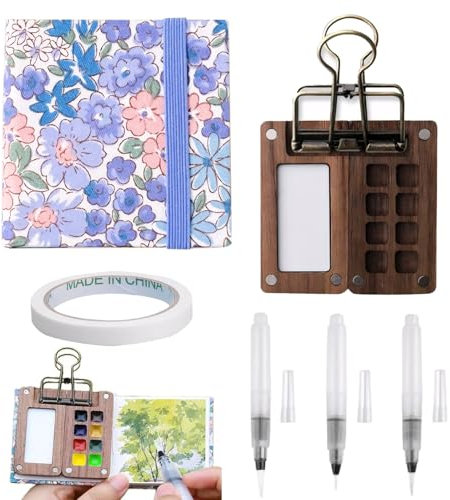 SNONESIY Portable Skizzenbuch Palette Set, Mini Aquarell Travel Set, Enthält 1 Palette, 1 Zeichenbuch, 3 Zeichenstifte und 1 Kreppband, Geeignet für Maler, Künstler und Studenten