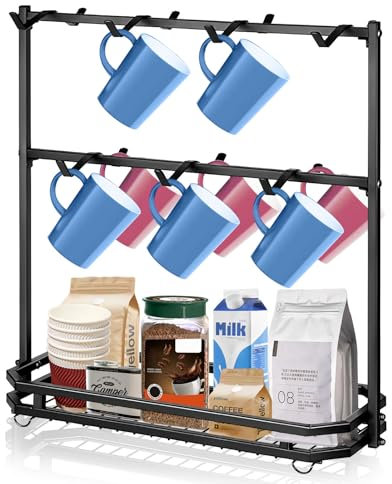 JAMHEXOU Coffee Mug Holder for Countertop, 14-Hook Mug Tree Rack for 14 Cups, 2 Tier Mug Display Stand with Heavy Duty Metal Base