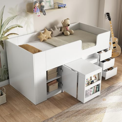 Kinderhochbett, 90x200cm, Kinderbett, mit Leiter, mit ausziehbarem Schreibtisch, mit herausnehmbarem Schrank, mit großem Stauraumschrank, MDF, weiß