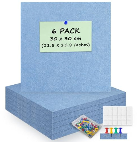 ANLIOTE Lot de 6 Tableau d'affichage en liège Feutre Mural avec 60 Punaises, 30 x 30 cm Panneaux Carrés Muraux | Maison, Bureau, École – Décoration Murale, Affichage Photos, Pense-Bête (Bleu Ciel)