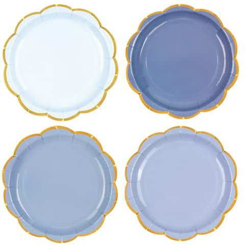 EVYIENEN Lot de 48 assiettes à dessert jetables bleues de 18 cm, avec dégradé de feuille d'or en forme d'éventail, pour enterrements de vie de jeune fille, baby shower, remise de diplôme et mariage