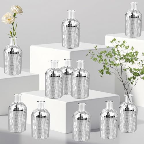 CONEHOY 12 Pcs Disco Ball Mini Vase 5 in Silver Mirror Small Glass Bud Planter Disco Ball Vase for Home Bedroom Kitchen Office Indoor Outdoor Wedding Birthday Flower Plant Decoration