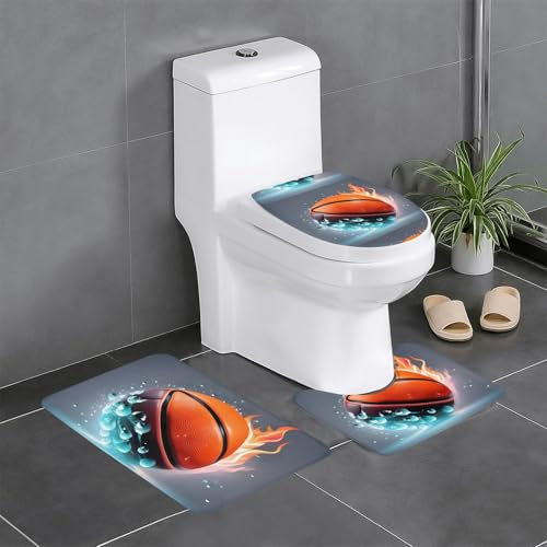 LAABBE 3-teiliges Anti-Rutsch-Bodenmatten-Set, Basketball-Flammen und Wassertropfen, bedruckte Badezimmerteppiche für ultimativen Komfort, Hauptbadezimmer