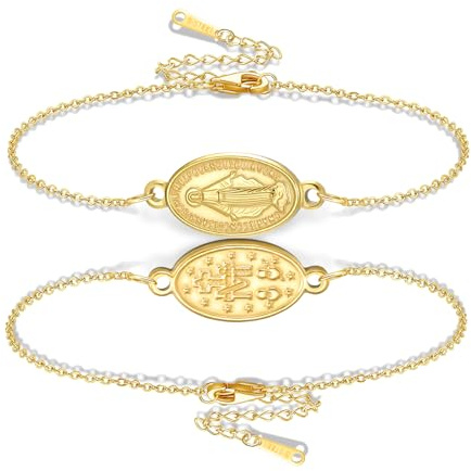 VASSAGO Jungfrau Maria Armband für Damen und Herren, doppelseitig Rosenkranz Armbandx wundertätige Medaille handgefertigt geflochtenes Seil katholisch christlich religiöser Schmuck Geschenk (Gold 1)