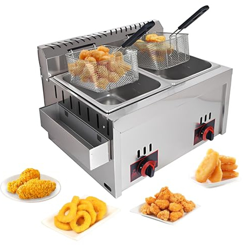 DJXLMN Propan-Gas-Fritteuse für die Arbeitsplatte, kommerzielle Fritteuse, robuster Edelstahl, inklusive Korb und Tank, perfekt für Zuhause oder Restaurant, ideal für Pommes Frites und Huhn