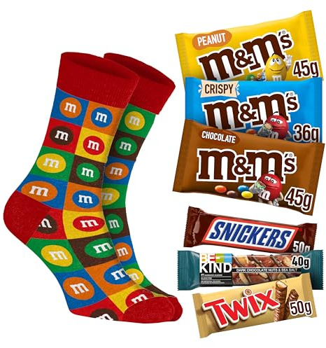 M&M’S® Socken Gr. 39-42 mit M&M’S® Chocolate 45g, Crispy 36g, Peanut 45g, BE-KIND® 40g, SNICKERS® 50g, TWIX® 50g – die perfekte Geschenkidee zu Weihnachten