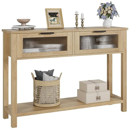 Crevyteg Table console de couloir, table d'appoint, table basse avec 2 tiroirs et compartiments de rangement à 1 niveau pour couloir, salon, 110 x 30 x 80 cm, couleur bois naturel