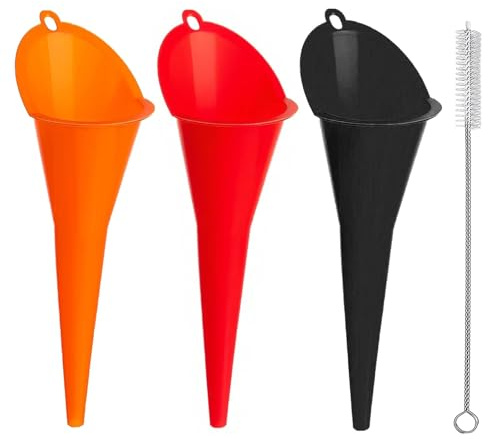 3 Stück Trichter Auto Set mit Reinigungsbürste, Universal Einfülltrichter | Kunststoff Öltrichter (Rot, Blau, Grün) Zur Sicheren Unterscheidung von Benzin Motoröl Wasser Funnel zum Auffüllen