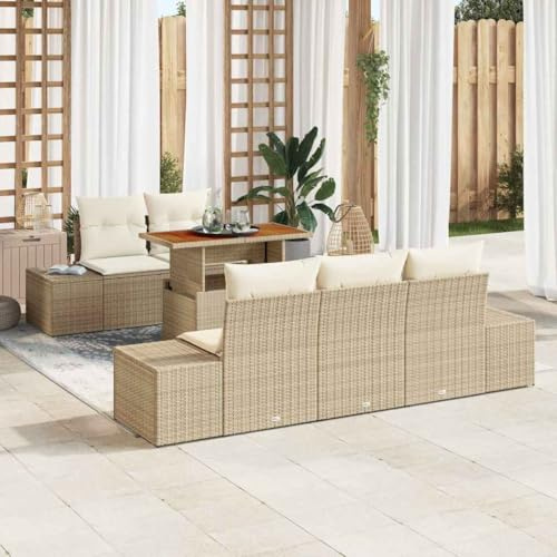 Ziaphsol Garten Essgruppe mit Kissen, 6-teilig, Beige und Creme, aus Poly-Rattan, Stahl, Akazienholz, für Terrasse und Garten, modernes Outdoor-Möbelset