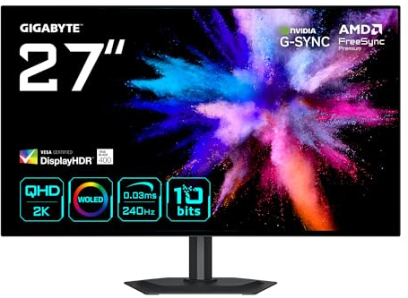 Gigabyte GO27Q24G Monitor Gaming OLED 27” 2K QHD - 2560 x 1440, 240Hz, 0.03ms, 275 cd/m², FreeSync Premium, G-Sync Compatibile, HDMI 2.1, DisplayPort 1.4