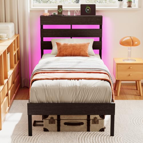 Bonnlo 3ft Single Bed Frame with Storage Headboard & LED Lights, 90x190cm, Metal Bed Frame with Charging Station (USB/Type-C/2 Outlets), UnderBed Storage/Enhanced Support Noise Free, Black