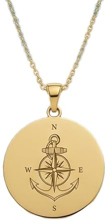 Collana con ciondolo a forma di ancora con rosa dei venti, realizzata in argento sterling 925 placcato oro, con catena a maglia fine da 45 cm. Gioielli fatti a mano per uomo e donna |LKD_EGP_00540