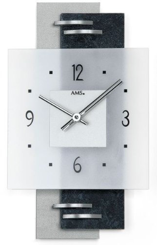 AMS Quarz - Wanduhr , Schieferstruktur mit Aluminium - Applikationen , satiniertes Mineralglas , 36 x 22 x 5 cm