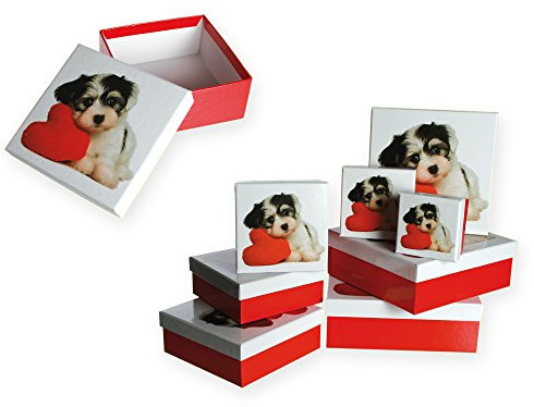 Geschenkboxen 8er Set Hund mit Herz ca. 22,5x22,5x8 cm Geschenkkarton rot #1633
