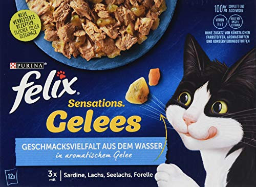 FELIX Katzennassfutter Sensations Gelees Geschmacksvielfalt aus dem Wasser, 1er Pack (12 x 85 g) Portionsbeutel