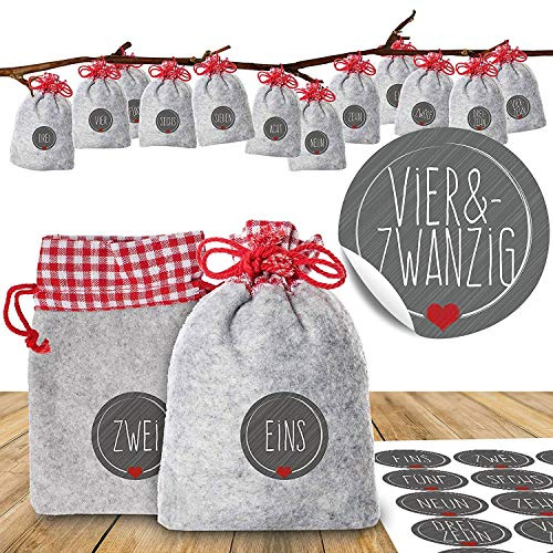 Adventino Adventskalender zum Befüllen – mit 24 weihnachtlichen Filzbeuteln und Zahlen-Aufklebern „Schick und Grau“ für Männer, Frauen und Paare