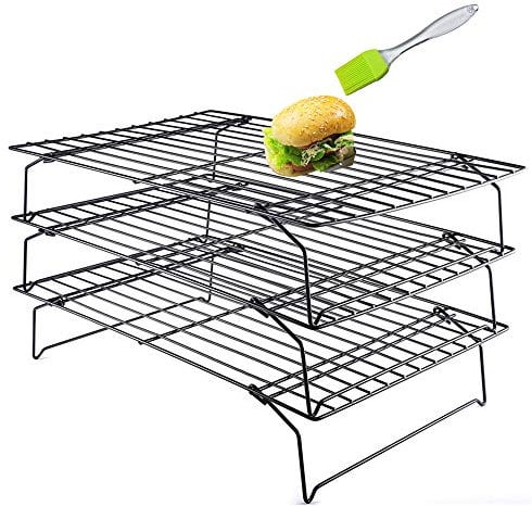 KeepingcooX 3 Tier Non Stick Cake Cooling Rack | Space Saving Stackable Wire Trays with Collapsible Legs for Cakes and Biscuits, 25 x 40 cm, Plus Multi-use Silicone basting Brush