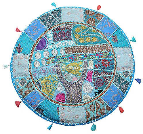 Stylo Culture Ethnisch Bodenkissenbezug Bodensitzkissen Yoga 70x70 cm Groß Rund Vintage Türkis Boho Patchwork Seat Lounge Baumwolle Bestickt Bodenkissen Indien