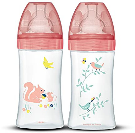 Dodie, Confezione da 2 Biberon Anticolica Sensation+ (2 X 270 Ml), Tettarella Piatta, Flusso Medio Piccolo, senza BPA, da 0 a 6 mesi, Rosa giardino