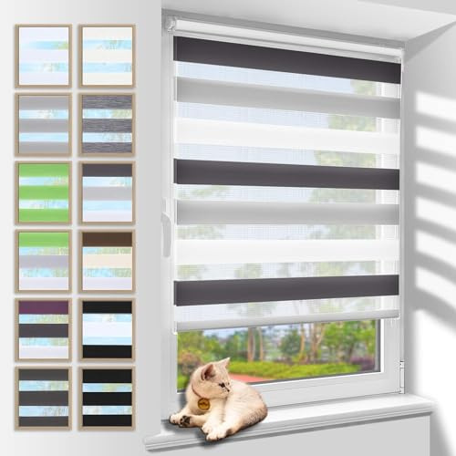 Zarnan Doppelrollo Klemmfix ohne Bohren Weiß-grau-anthrazit 80x120cm(Stoffbreite 76cm) Duo Rollo Blickdicht Zebrarollo Rollos für Fenster ohne Bohren für Wohnzimmer Küche Büro lichtdurchlässig