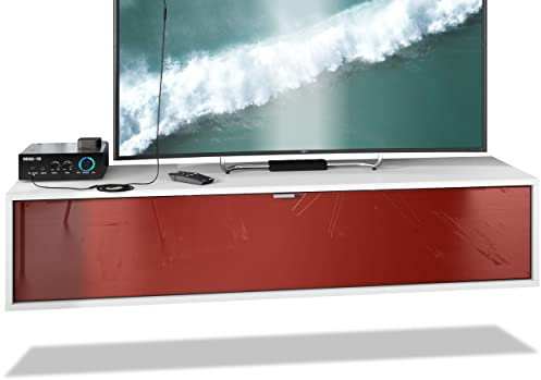 Vladon TV Board Lana 140 Hängeschrank Lowboard 140 x 29 x 37 cm, Made in Germany, Korpus in Weiß matt, Fronten in Bordeaux Hochglanz | Große Farbauswahl