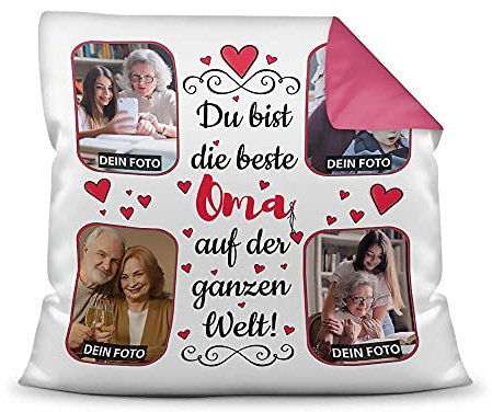Kissen mit Füllung zum selbst Gestalten mit 4 Fotos - Für die Beste Oma - Hochwertige Kissenhülle mit Reißverschluss, Rückseite Pink, 40 x 40 cm