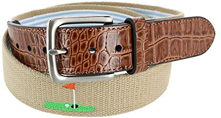 Greg Norman Men's Fabric Golf Belt with Croco Tabs, 32, Khaki and Brown