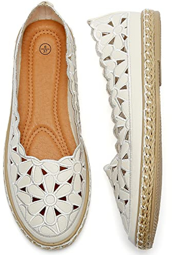 HEAWISH Women's Ballet Flat Daisy Round Toe Dress Shoes Casual Slip On Loafer Espadrilles(White, US9)