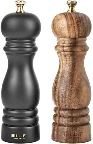 Bill.F Salt and Pepper Grinder Set, Wood Pepper Mill Set of 2 Manual Salt Pepper Shakers Grinder Refillable 7 Inch with Adjustable Ceramic Grinding Rotor(Black and Wood Color)