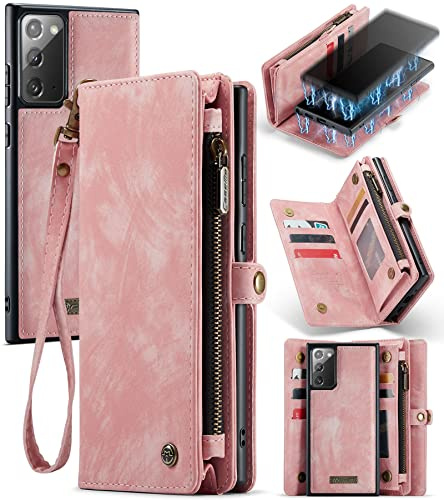 UFinetech Für Galaxy Note 20 Hülle, Flip PU Leder TPU Stoßfest Kartenfach Tasche Handyhülle für Samsung Galaxy Note 20 5G, Magnetisch Klapphülle Kratzfest Abnehmbare Reißverschluss Band Weiche, Rosa