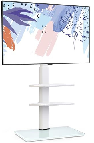 FITUEYES White TV Floor Stand for 32 to 60 inch TVs, Floor Standing TV Stand with 2 Adjustable Shelves, Swivel Bracket, Height Adjustable, Holds 30kgs, Max VESA 600x400mm